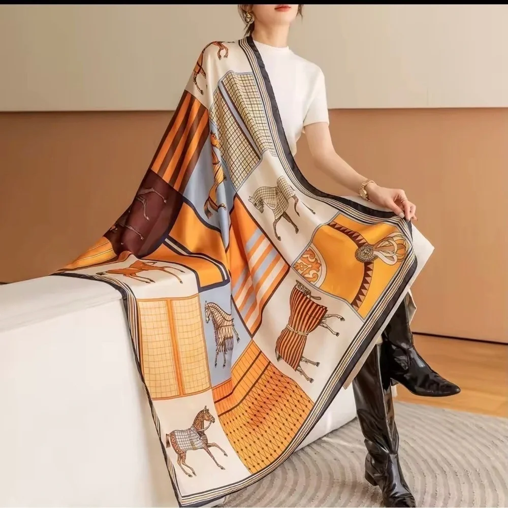 Women Equestrian Horse Patchwork Square Scarf Orange Brown Blue Satin Scarf NWT